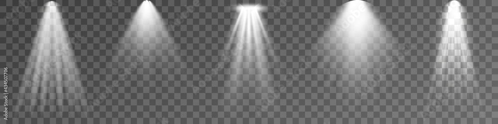 Set of Spotlight isolated on transparent background. Vector glowing light effect with white rays and beams. PNG. Vector illustration