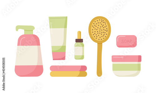 Set of spa essentials and bath accessories. Spa at home. Vector illustration