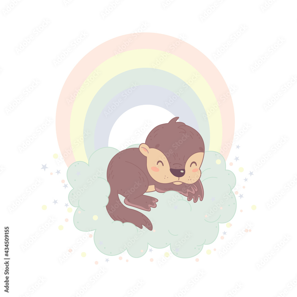 sleeping baby otter on a cloud, against the background of a rainbow and ...