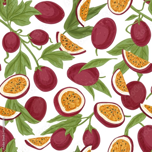 Fototapeta Naklejka Na Ścianę i Meble -  Seamless pattern with passionfruits and leaves on white background. Repeatable texture with realistic pieces of passion fruits and leaf. Hand-drawn colored vector printable illustration in retro style