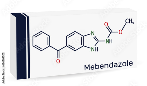 Mebendazole, MBZ molecule. It is synthetic benzimidazole derivate and anthelmintic drug. Skeletal chemical formula. Paper packaging for drugs