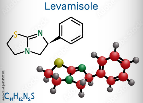 Levamisole molecule. It is antihelminthic drug for the treatment of parasitic, viral, bacterial infections. Structural chemical formula and molecule model photo