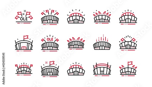 Sports stadium line icons. Ole chant, arena football, championship architecture. Arena stadium, sports competition, event flag icons. Sport complex linear set. Linear set. Quality line set. Vector