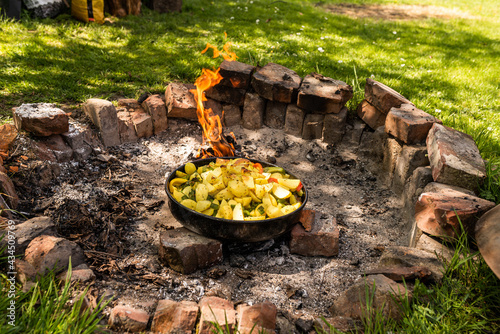 Cooking traditional dalmatian, croatian, bosnian dish called peka. Meat, potatoes and vegetables in pot and covered with hot charcoal and ash. Balkan food.