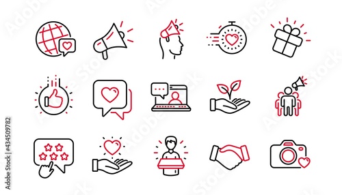 Brand ambassador line icons. Influence people, Megaphone and Representative. Handshake, influencer marketing person, ambassador person icons. Linear set. Linear set. Quality line set. Vector