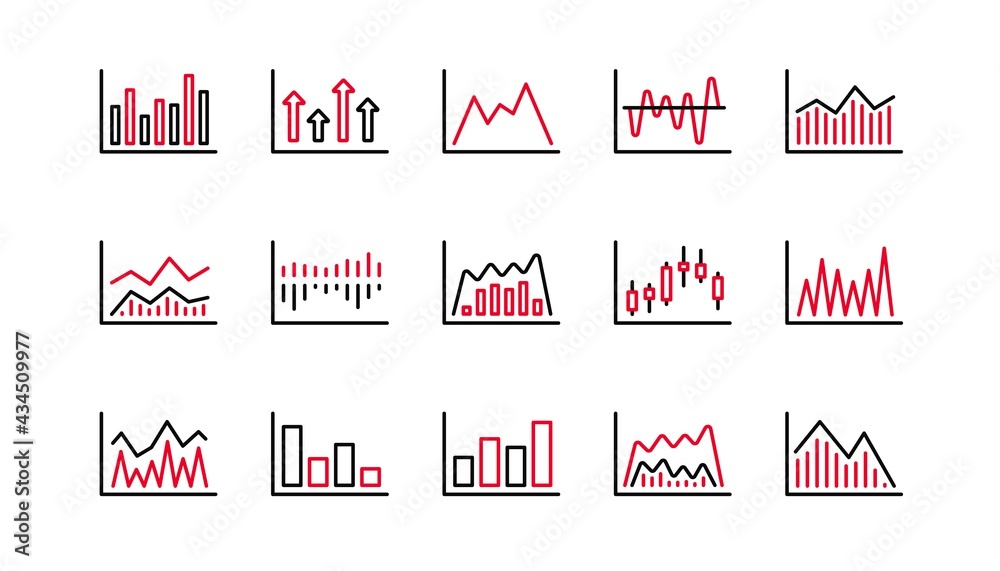 Naklejka premium Charts and graphs line icons. Candlestick graph, Infochart and Report diagram. Presentation linear icon set. Linear set. Quality line set. Vector