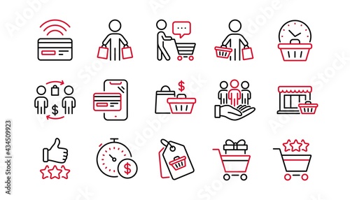 Buyer customer line icons set. Shopping cart , contactless payment and group of people. Store, buyer loyalty card, client ranking set icons. Shopping timer, phone payment, currency. Linear set. Vector