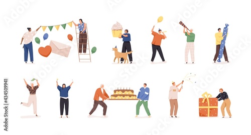 Set of happy people preparing for birthday party and celebrating holiday with garlands, balloons, champagne, cake, and gift boxes. Colored flat vector illustration isolated on white background