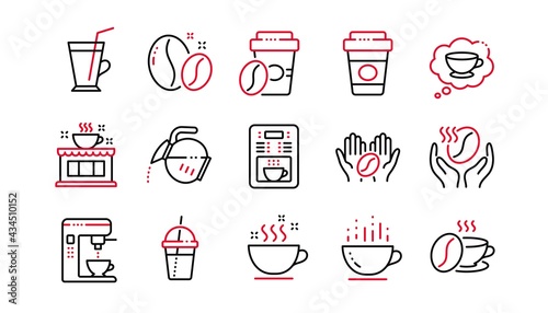 Coffee line icons. Beans, hot cocktail and coffee maker machine. Espresso cup, cappuccino line icons. Latte vending machine and roasted beans. Linear set. Linear set. Quality line set. Vector