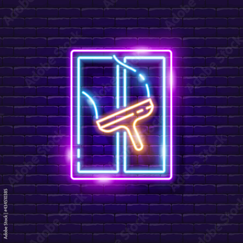 Window cleaning neon sign. Glowing clean window icon. General cleaning concept. Vector illustration for design, banner, website, advertising. Cleaning services.