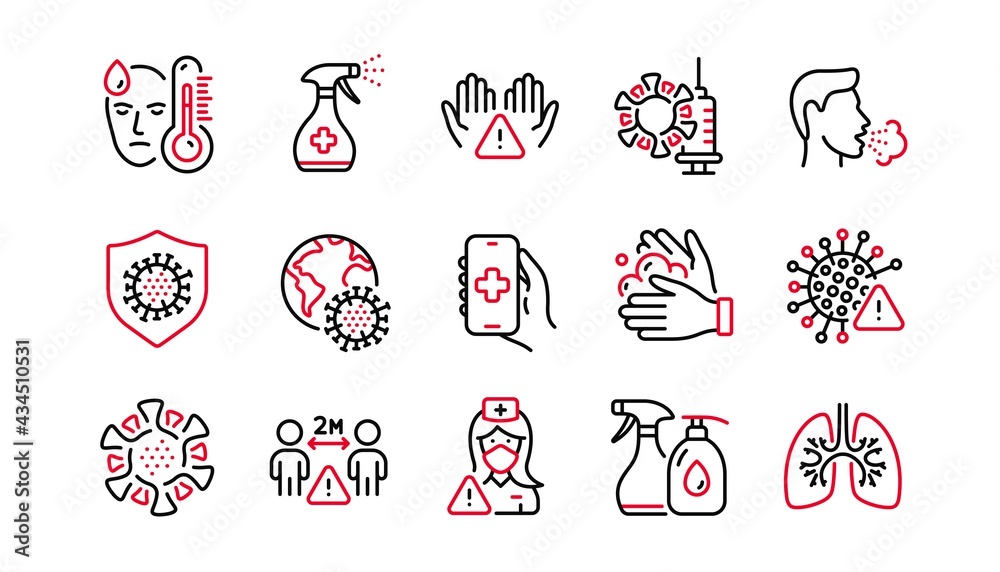 Fototapeta Coronavirus line icons. Medical Mask, Washing Hands, Corona Virus Symptoms. Social Distance, Hand Sanitizer, Face mask line icons. Covid-19 pandemic, Lung Disease, coronavirus hygiene. Vector