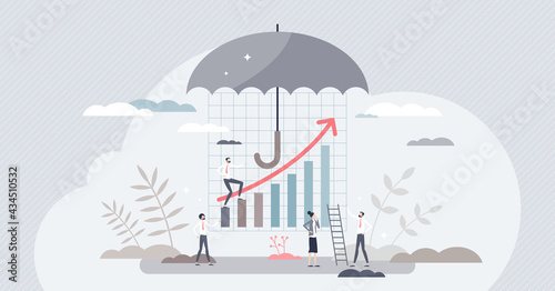 Risk management as business finances investment control tiny person concept. Secured money flow from loss and keep profit with company development and growth vector illustration. Economical umbrella.