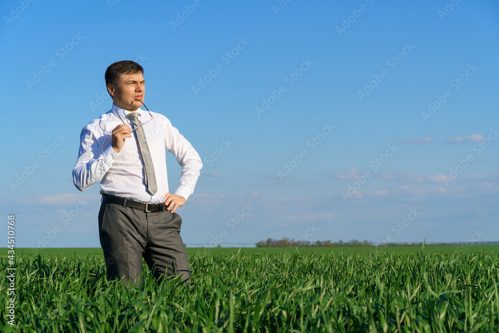 businessman poses in a field, he looks into the distance, green grass and blue sky as background businessman poses in a field, he looks into the distance, green grass and blue sky as background