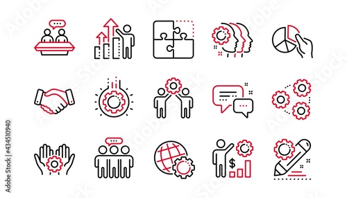 Employees benefits line icons. Business strategy, handshake and people collaboration. Teamwork, social responsibility, people relationship icons. Linear set. Linear set. Quality line set. Vector