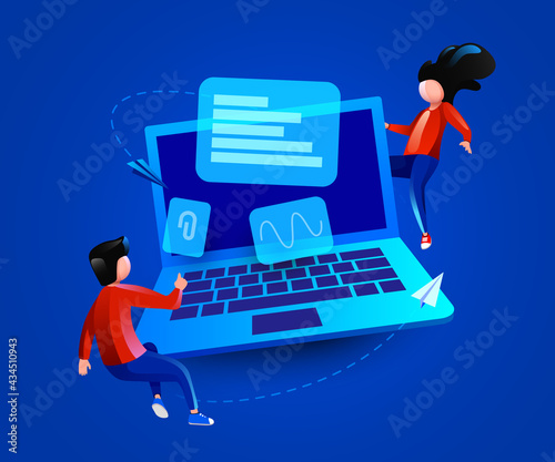 People fly around big laptop. Computer service or development concept.