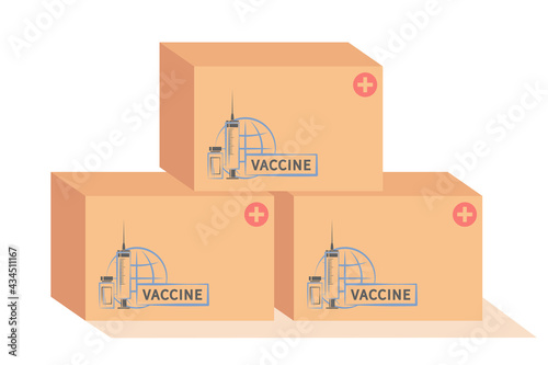 Covid-19 Vaccine in boxes, ready to delivery or distribute to all world. Vaccine Storage Room. Covid-19 Coronavirus vaccine stock. Vaccination and immunization concept. Vector illustration