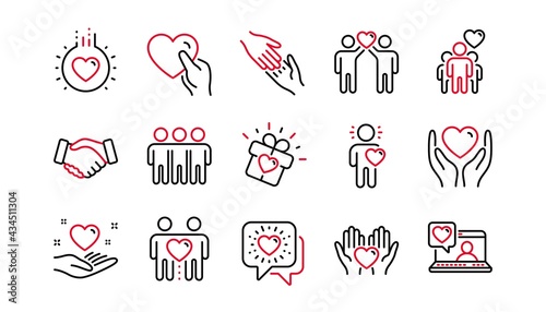 Friendship and love line icons. Interaction, Mutual understanding and assistance business. Trust handshake, social responsibility icons. Linear set. Linear set. Quality line set. Vector