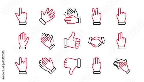 Hand gestures line icons. Handshake, Clapping hands, Victory. Horns, Thumb up finger, drag and drop icons. Donation hand gestures, click, helping hand. Linear set. Linear set. Quality line set. Vector