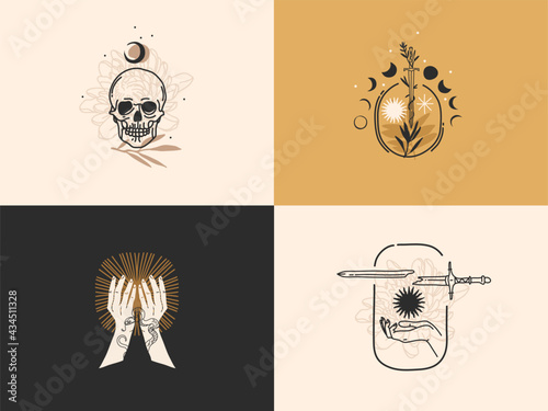 Hand drawn vector abstract stock graphic illustration with logo elements collection bundle set,magic line art of crescent,moon phase and star in simple style for branding,isolated on color background