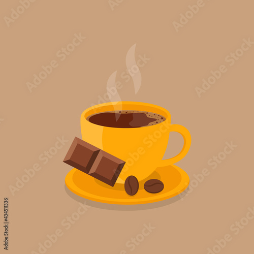 This is a vector illustration of a cup of hot coffee on a brown background. Flat style.