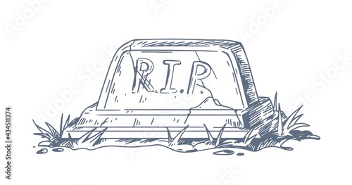 Christian tomb with tombstone and RIP or Rest in Peace inscription. Sketch of catholic grave with gravestone drawn in vintage style. Funeral art. Drawing vector illustration isolated on white
