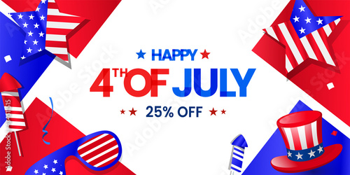 Happy 4th of July sale, discount, offer lettering colorful modern design on promotion advertising banner template with USA elements star, firework, USA hat, glasses. 
