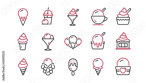 Ice cream line icons set. Bubble waffle, vanilla sundae, frozen yogurt. Sweet dessert food, milkshake with ice cream, sundae icons. Smoothie drink, frozen coffee, sorbet wafer. Linear set. Vector
