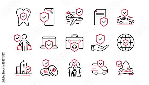 Insurance line icons set. Family care, risk, help service. Car accident, flood insurance, flight protection icons. Safety document, money savings, delivery risk. Car full coverage. Linear set. Vector