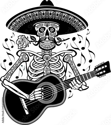 mexican mariachi skeleton wearing sombrero and playing guitar