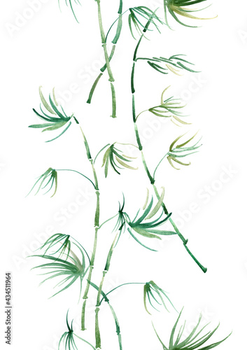 Bamboo watercolor stems and leaves seamless pattern. painting of bamboo forest on textured paper. Decorative watercolor bamboo. silhouette branches, tropics.Tropical watercolor background 