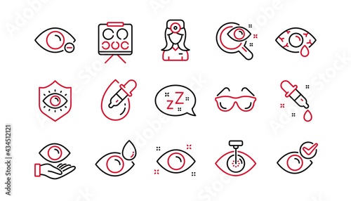 Optometry, Eye doctor line icons. Medical laser surgery, glasses and eyedropper. Pink eye, Cataract surgery and allergy icons. Optician board, oculist chart. Linear set. Linear set. Vector