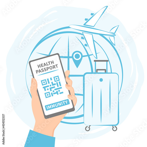 Man using digital health passport application. Tourist shows his immunity  on his smartphone screen.  Covid-19 vaccine passport. Flat vector illustration
