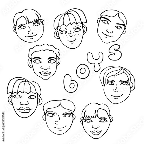 Vector outline face people. Hand drawn line art illustration. Heads of a men, boys in the style of a Doodle, isolated on a white background. Different and beautiful
