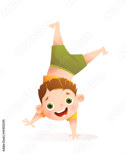 Boy playing and having fun, doing handstand for sport activities or dancing. Little toddler boy character alone isolated on white. Vector cartoon for kids.