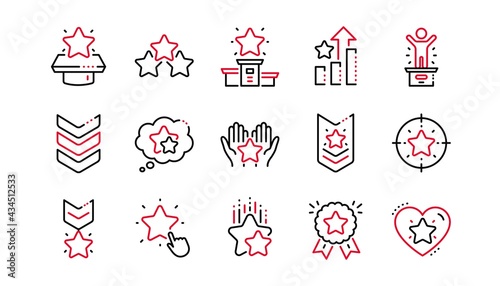 Ranking line icons. First place, star rating and winner medal. Shoulder strap, army achievement and star ranking icons. Linear set. Linear set. Quality line set. Vector