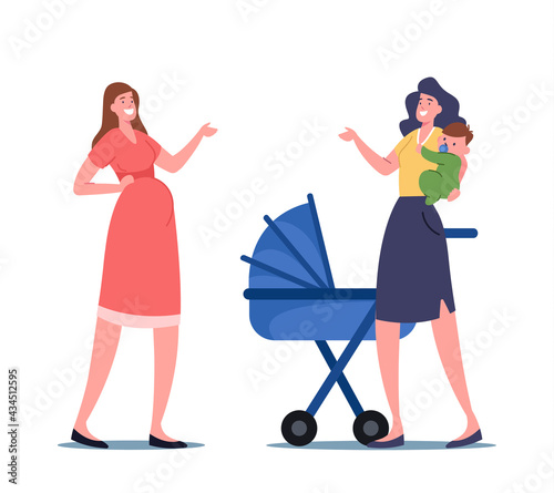 Pregnant Female Character and Mother with Child on Hands Chatting Discussing Maternity Leave and Motherhood Issues