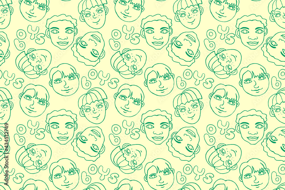 Seamless pattern with cartoon faces vector people. Hand drawn line art illustration. Outline doodle heads of kids boys girls. Childish texture backdrop