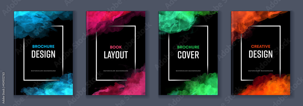 Watercolor booklet brochure colourful abstract layout cover design template bundle set with black background and frame - obrazy, fototapety, plakaty 