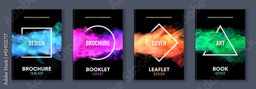 Watercolor booklet brochure colourful abstract layout cover design template bundle set with black background and geometric frame