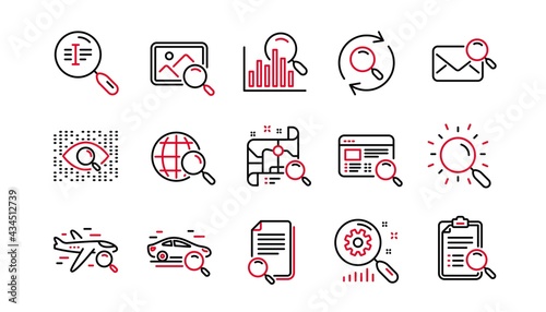 Search line icons. Indexation, Artificial intelligence and Car rental. Search images linear icon set. Linear set. Quality line set. Vector photo