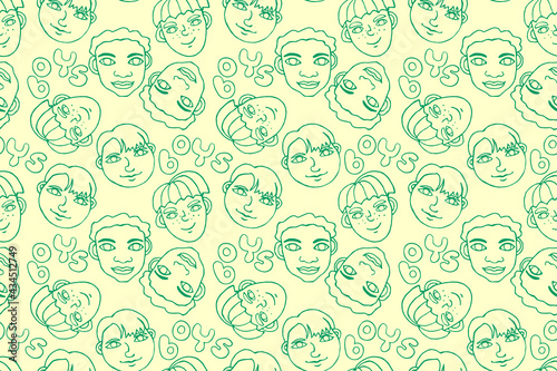 Seamless pattern with cartoon faces vector people. Hand drawn line art illustration. Outline doodle heads of kids boys girls. Childish texture backdrop