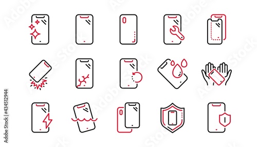 Smartphone protection line icons. Tempered glass, screen protector and water resistant. Phone cover, display glass protection and shockproof device icons. Linear set. Linear set. Vector