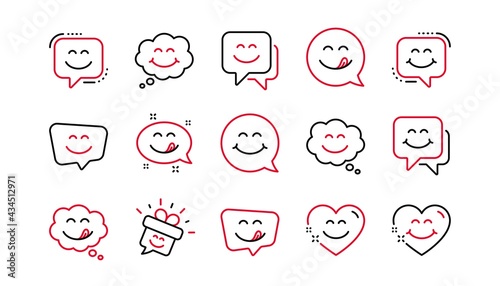 Yummy smile line icons. Emoticon speech bubble, social media message, smile with tongue. Tasty food eating emoji face icons. Delicious yummy, happy emoticon. Linear set. Linear set. Vector