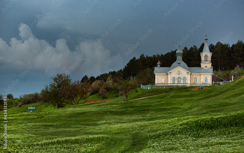 Christian religion background concept. Green landsca[e with Orthodox church. Christian religion background concept. Green landsca[e with Orthodox church.