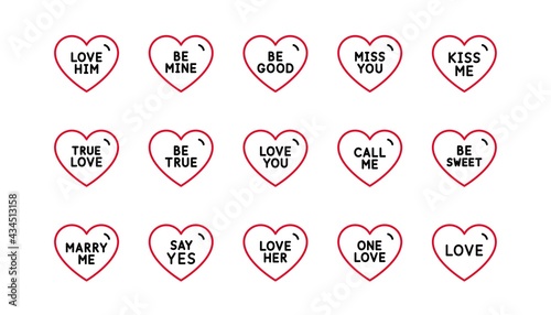 Sweet heart line icons. Sweetheart for valentines day, love heart, romantic message. Marry me, kiss me, one love icons. Valentine flirt, dating message. Linear set. Linear set. Vector