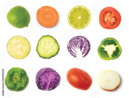 set of slices of fruits and vegetables on white background