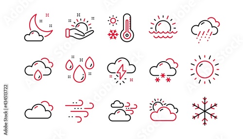 Weather and forecast line icons. Cloudy sky, winter snowflake, thermometer. Moon night, rain and sunset icons. Weather temperature, meteorology forecast. Linear set. Linear set. Vector