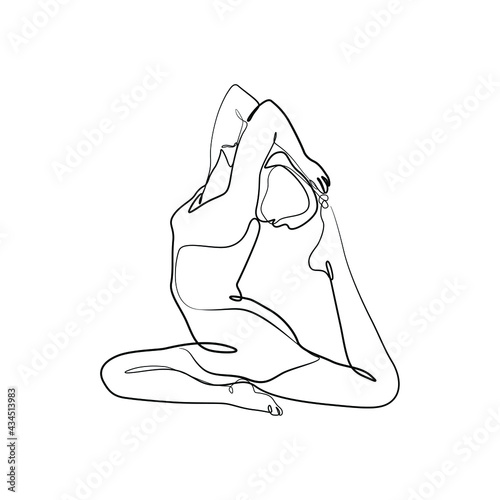 Yoga pose silhouettes of woman continuous line drawing, girl practicing yoga single line on white background, isolated vector black and white illustration.