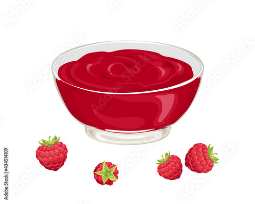 Raspberry jam in glass bowl. Vector Berry red confiture  isolated on white background.  Illustration in cartoon flat style.