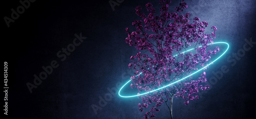Sci Fi Cyber Modern Minimalist Blue Neon Futuristic Glowing Laser Tree In Concrete Dark Cement Grunge Tunnel Corridor Showroom Studio Hangar 3D Rendering